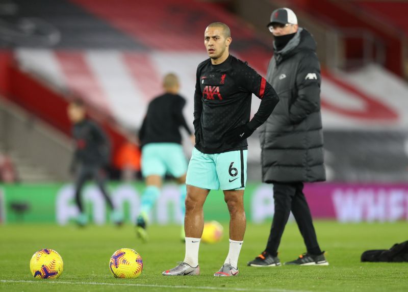 Thiago (L) and Jurgen Klopp ahead of Liverpool&#039;s match against Southampton