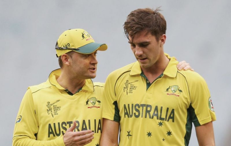 Michael Clarke (left) and Pat Cummins during the 2015 World Cup.