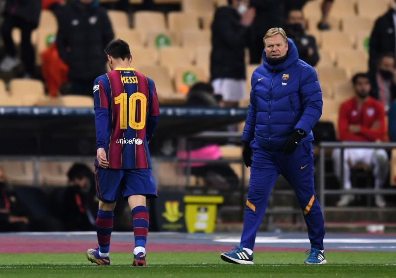 Lionel Messi (L) and Ronald Koeman