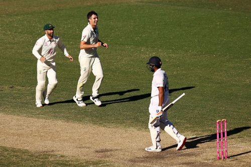 Pat Cummins celebrates after dismissing Rohit Sharma.