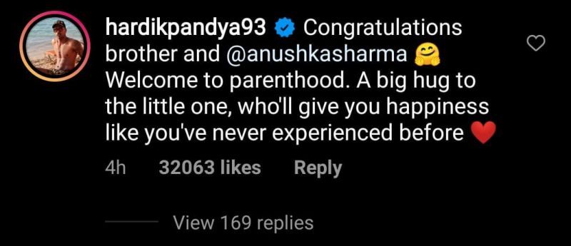 Hardik Pandya's comment on Virat Kohli's Instagram post