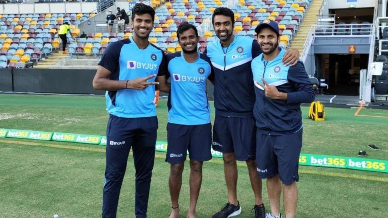 T Natarajan and Ravichandran Ashwin along with Shardul Thakur and Washington Sundar (from left to right)