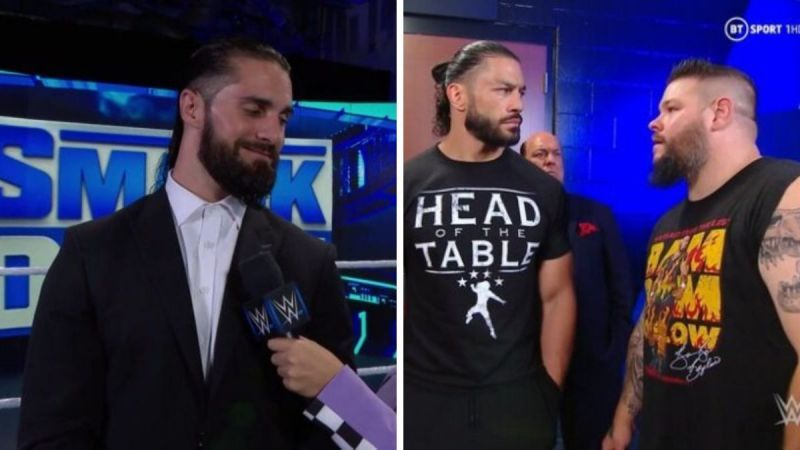 Seth Rollins (left); Roman Reigns and Kevin Owens (right)