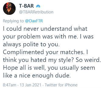 T-BAR's tweet responding to Dax Harwood