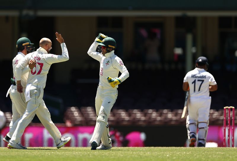 Australians celebrate Rishabh Pant&#039;s wicket.