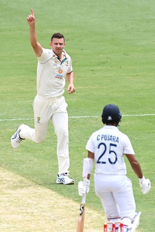 Cheteshwar Pujara falls to Josh Hazlewood for the second time in a row.