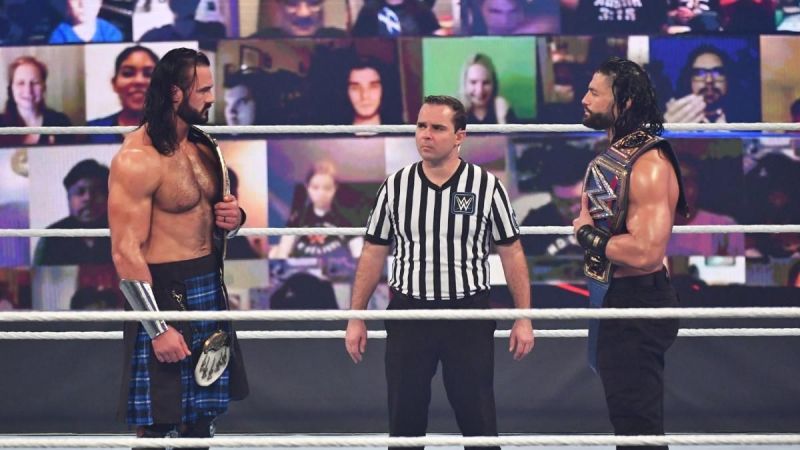 Drew McIntyre and Roman Reigns at Survivor Series 2020