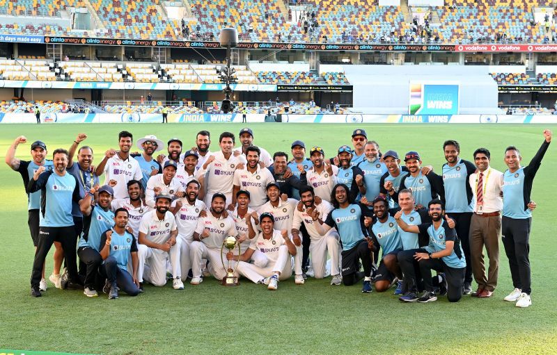 Team India celebrate with the 2020-21 Border-Gavaskar Trophy
