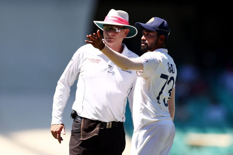 Mohammed Siraj (left) complains to umpire Paul Reiffel.