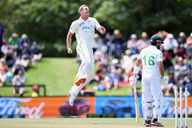 Kyle Jamieson celebrates taking a wicket against Pakistan.