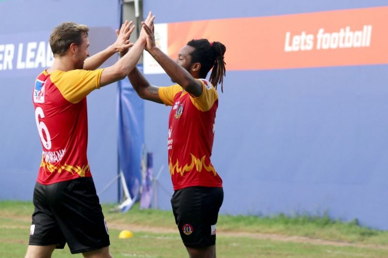 Jacques Maghoma celebrates a goal with Matti Steinmann. (Image: SC East Bengal)