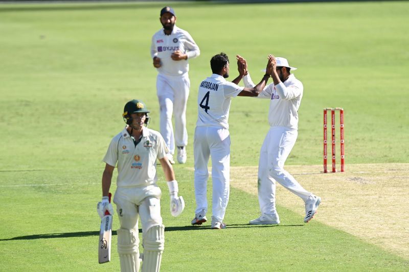 T Natarajan celebrates after dismissing Marnus Labuschagne