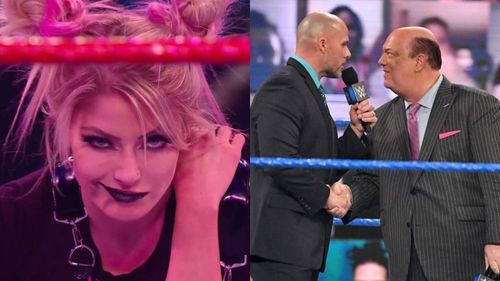 Alexa Bliss (left); Adam Pearce and Paul Heyman (right)