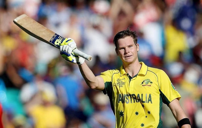 Steve Smith celebrates after scoring a hundred in the semi-final of the 2015 World Cup against India.