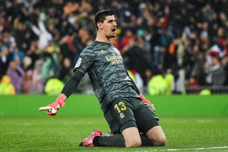 Real Madrid goalkeeper Thibaut Courtois celebrates a goal