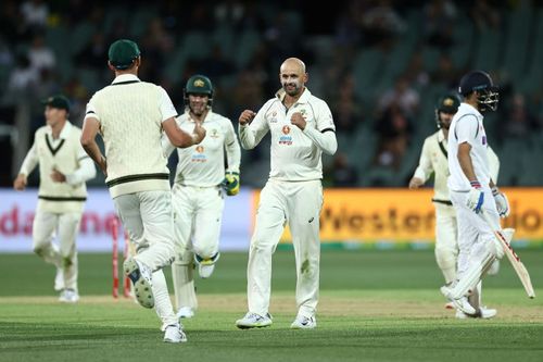 Nathan Lyon celebrates Virat Kohli's wicket in the first Test at Adelaide.