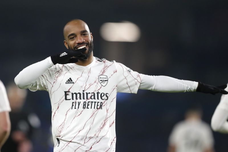 Alexandre Lacazette celebrates after scoring a goal for Arsenal.