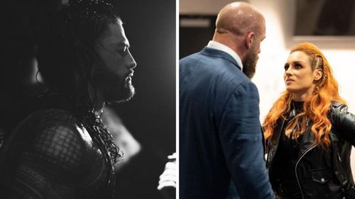 Roman Reigns (left); Triple H and Becky Lynch (right)