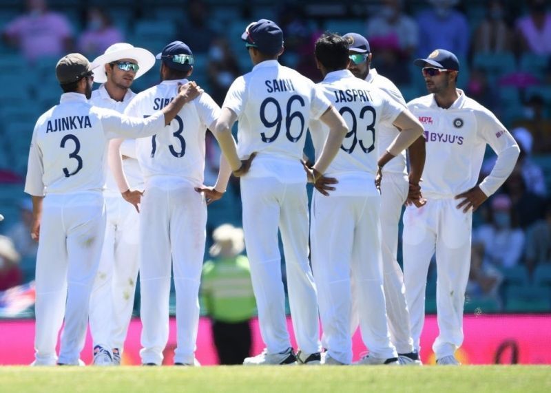 Ajinkya Rahane (extreme left) shouldering his troops. Pic: Ajinkya Rahane/ Twitter