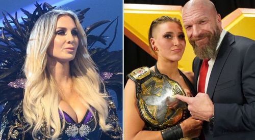 Charlotte Flair, Rhea Ripley, and Triple H