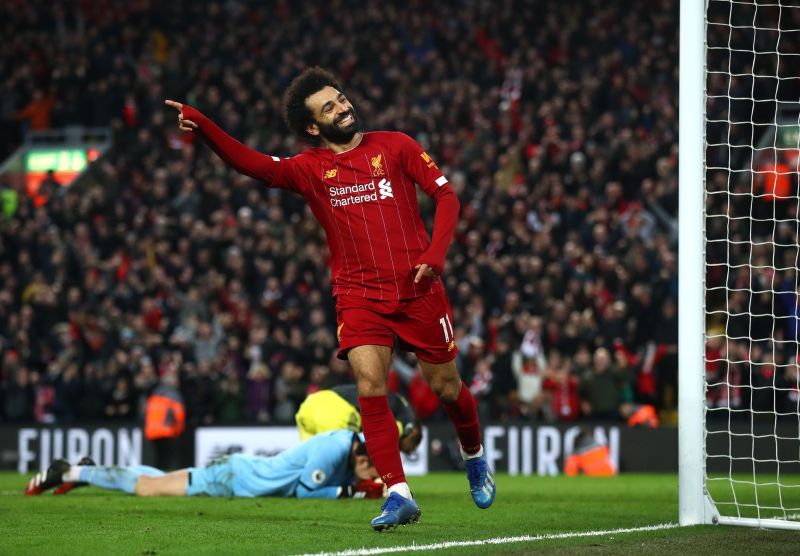 Mohamed Salah celebrates after scoring for Liverpool.