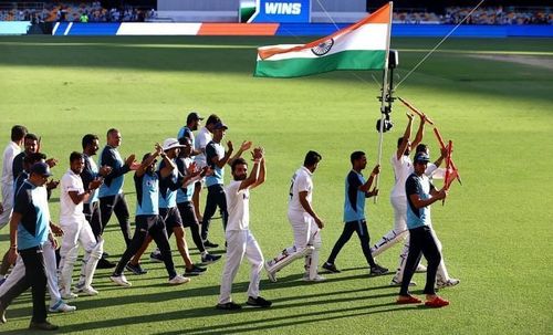 Ajinkya Rahane leads Team India’s victory lap after the Gabba triumph. Pic: Twitter