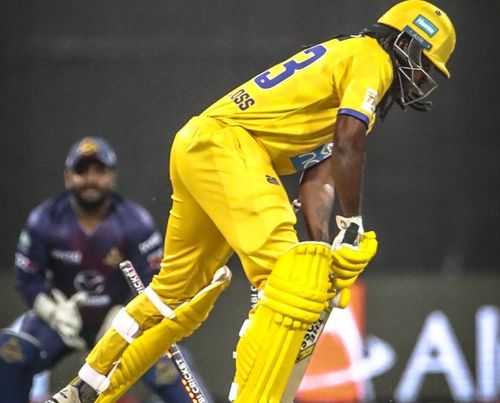 Deccan Gladiators' pacer Imtiaz Ahmed bowled Chris Gayle for 4. Pic: T10 League/ Twitter