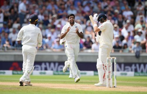 Ravichandran Ashwin celebrates the wicket of Joe Root during the 2018 series.