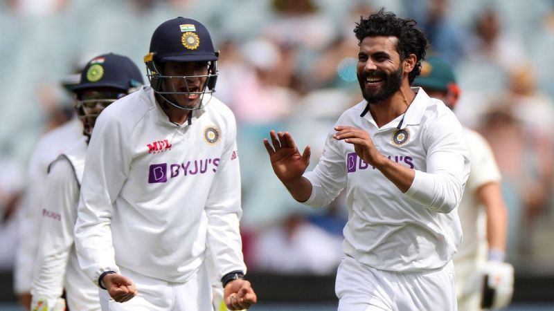 Ravindra Jadeja celebrates after picking up the crucial wicket of Matthew Wade