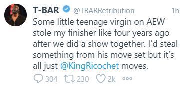 T-BAR&#039;s tweet taking a shot at the AEW wrestler.