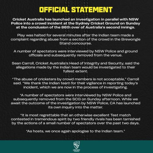 Official statement by Cricket Australia