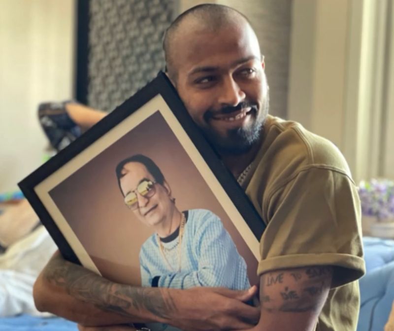 Hardik Pandya with a portrait of his late father. Pic: Hardik Pandya/ Instagram