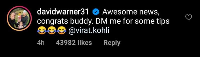 David Warner's comment on Virat Kohli's Instagram post