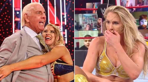 Ric Flair, Lacey Evans, and Charlotte Flair.