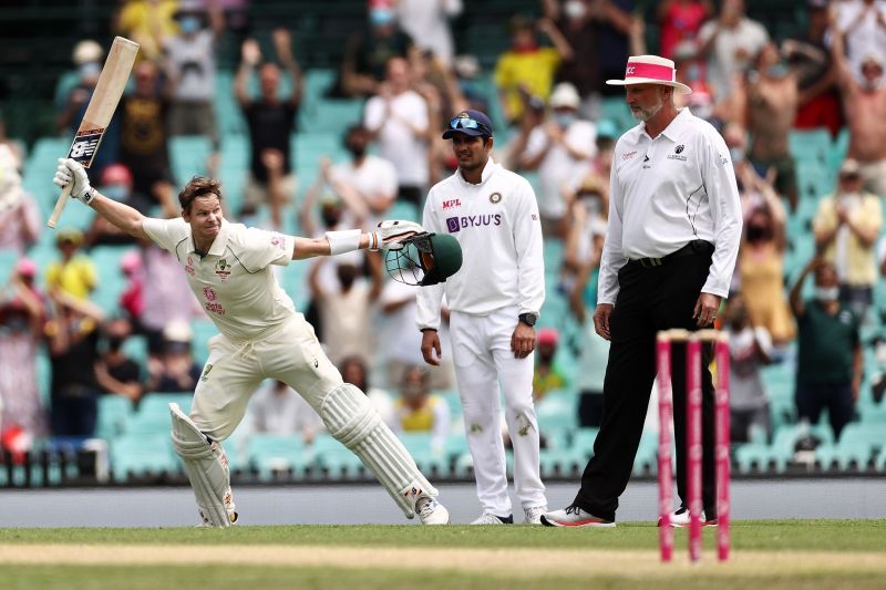 Steve Smith celebrating his hundred against India in the Sydney Test.
