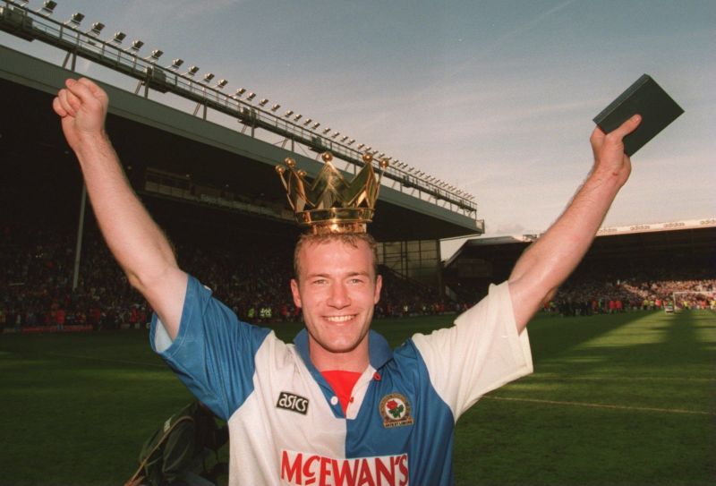 Alan Shearer celebrates after winning the Premier League title with Blackburn in the 1994-95 season