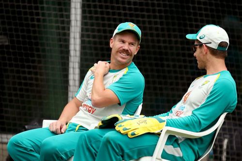 David Warner and Tim Paine during Australia’s net session at the SCG