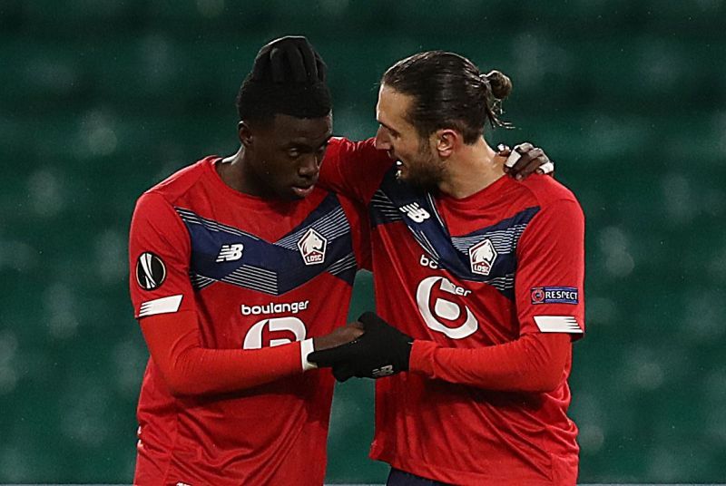 Timothy Weah of Lille celebrates with Yusuf Yazici