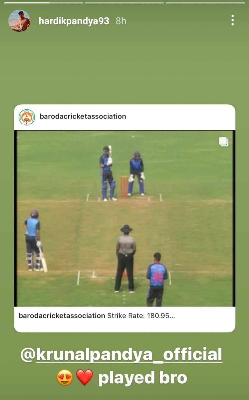 Hardik Pandya shared the clip of Krunal Pandya's heroics from the match between Baroda and Uttarakhand