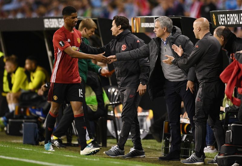 Marcus Rashford greets Jose Mourinho during Machester United&#039;s 2016 Europa League semifinal