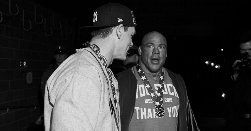 John Cena and Kurt Angle backstage at WrestleMania 35.