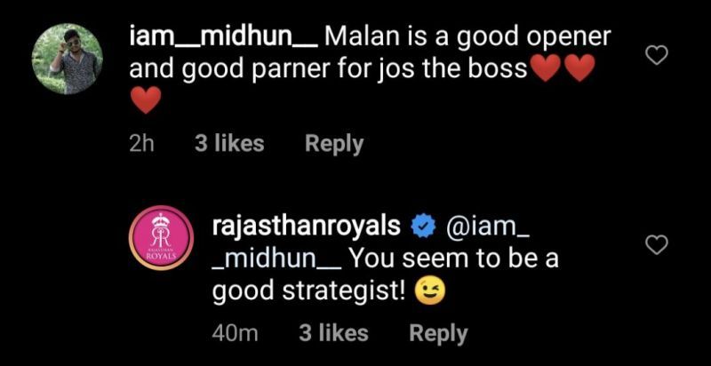 Rajasthan Royals' reply to the fan on Instagram