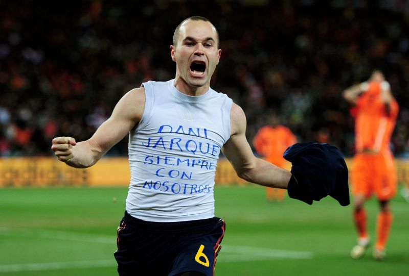 Andres Iniesta celebrates scoring the winning goal in the 2010 FIFA World Cup Final