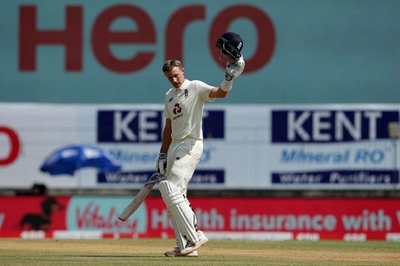 Joe Root celebrates after reaching his double century