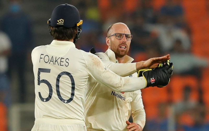 Jack Leach celebrates Virat Kohli's wicket. (Image courtesy: BCCI)