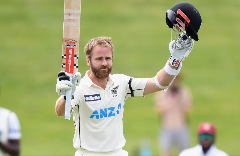 Kane Williamson celebrates after reaching his double hundred against West Indies