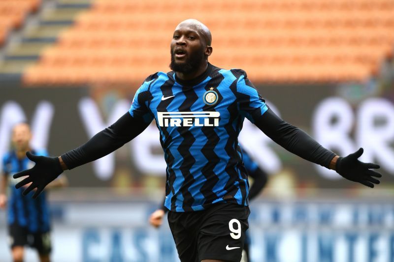 Romelu Lukaku celebrates after scoring a goal for Inter Milan.