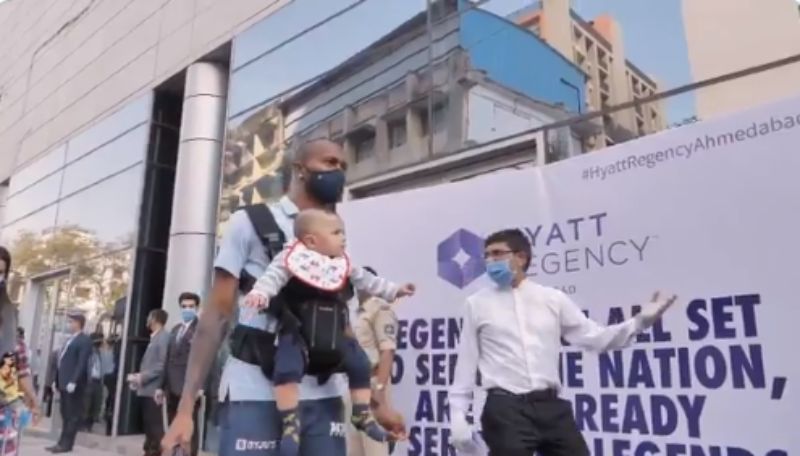 Team India all-rounder Hardik Pandya arrives with son Agastya. (Image credits:BCCI)