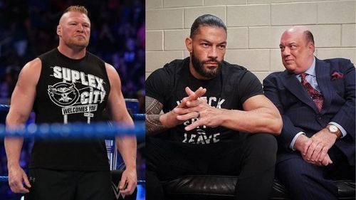 Brock Lesnar (left); Roman Reigns and Paul Heyman (right)