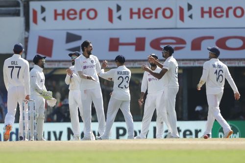 Team India celebrate the fall of Jack Leach's wicket